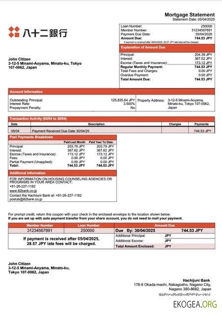 Modèle Word et PDF de relevé hypothécaire de la Japan Hachijuni Bank